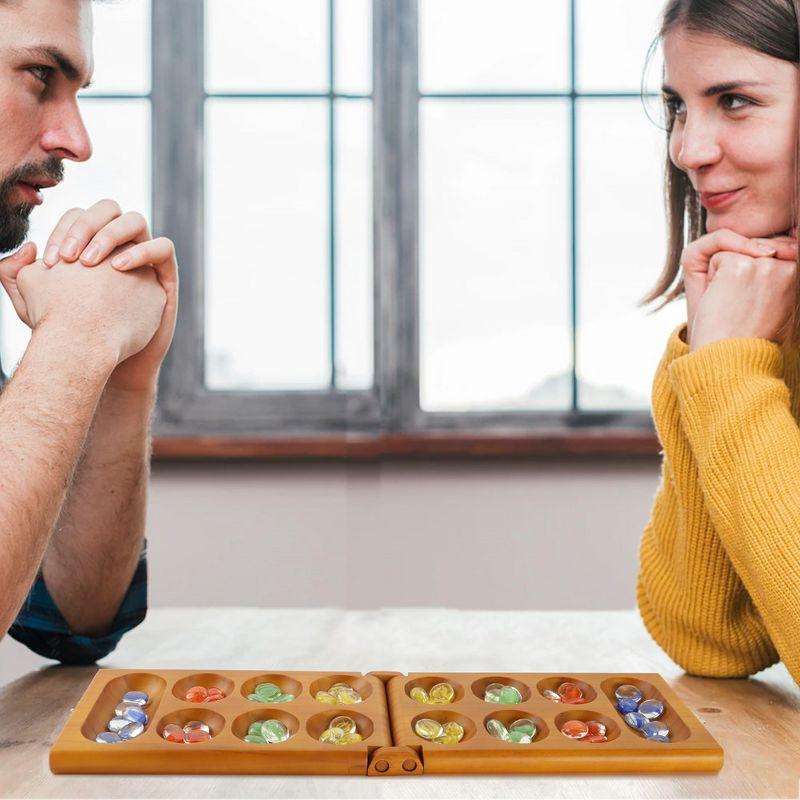 Folding Oak Mancala Board Game with Multicolor Glass Stones