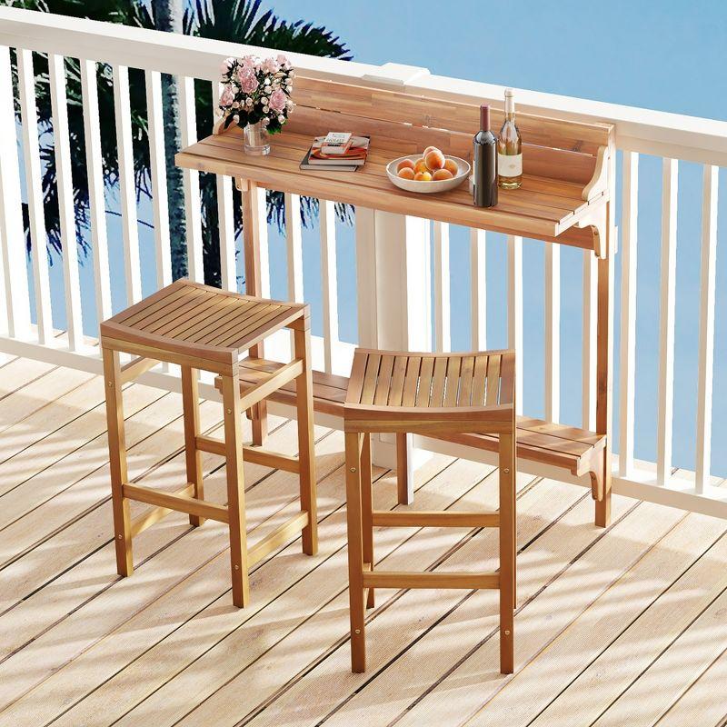 Tangkula 3 PCS Acacia Wood Balcony Table Set w/ Shelf Footrest Curved Wood Seat