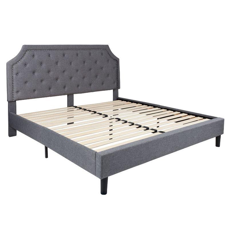 Elegant King-Sized Light Gray Upholstered Platform Bed with Nailhead Trim