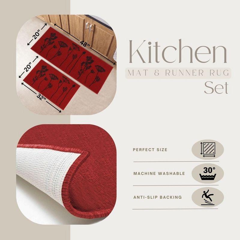 Evideco Wildflowers Non Skid Kitchen Mats Runner & Comfort Mat (2 Pieces) (Set of 2)