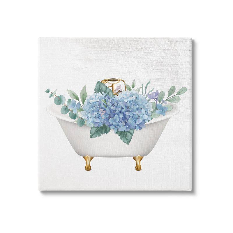 Off-White Canvas Wall Art with Blue Hydrangea Blossoms in Bathtub