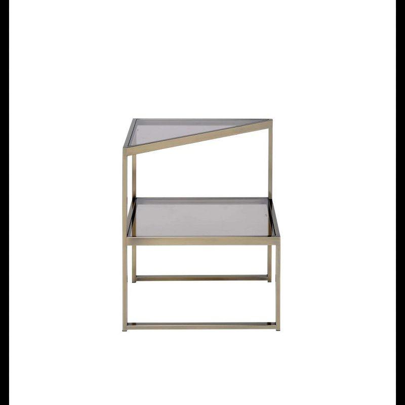 18" Treva Accent Table Smoky Glass/Antique Gold Finish - Acme Furniture: Triangle Shape, Open Shelf, No Tools Assembly