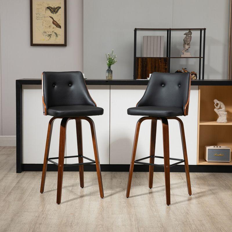 HOMCOM Bar Height Bar Stools Set of 2 PU Leather Swivel Barstools with Footrest and Tufted Back