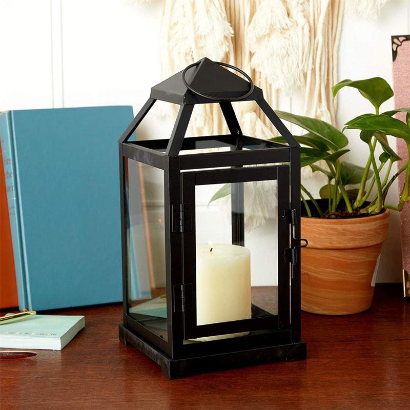 Juvale Black Decorative Candle Lantern, Decorative Metal Candle Holder with Tempered Glass, 5.3 x 11 in