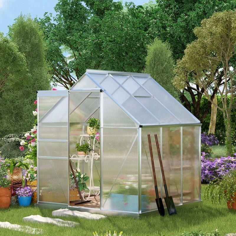 Outsunny Aluminum Greenhouse, Polycarbonate Walk-in Garden Greenhouse Kit with Adjustable Roof Vent, Rain Gutter and Sliding Door for Winter, Silver