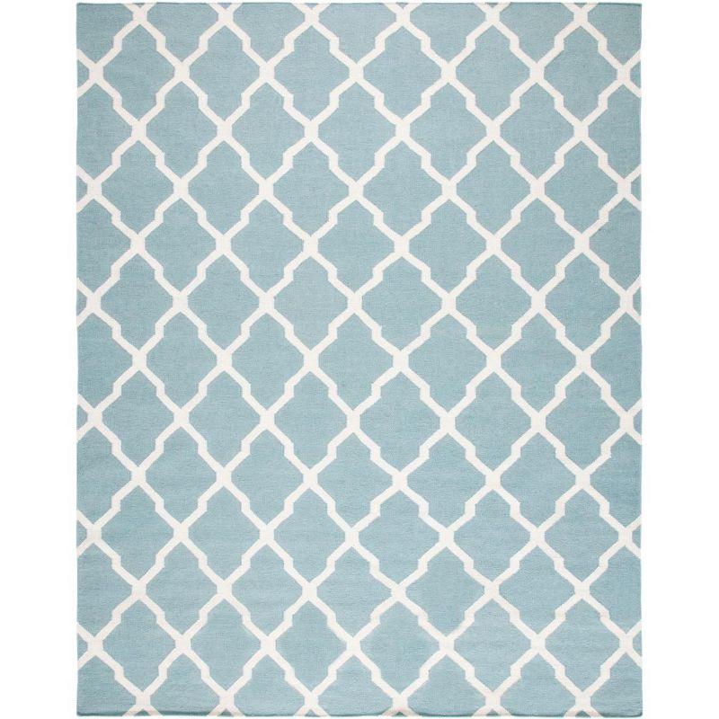 Dhurrie Hand Woven Flat Weave Wool/Cotton Geometric Rug in Light Blue/Ivory