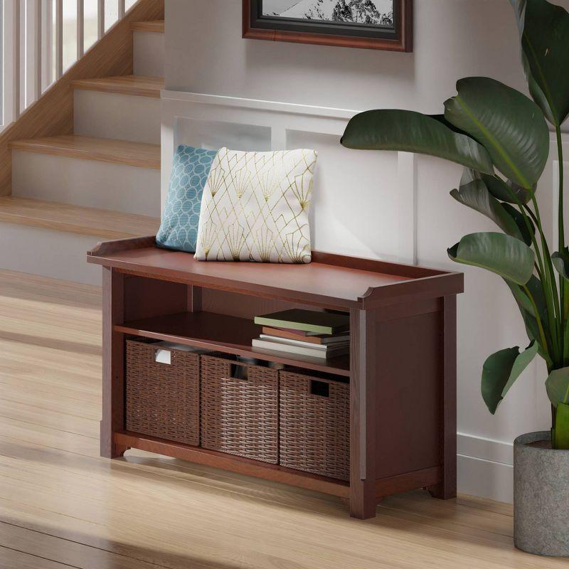 22.05" 4pc Milan Storage Hall Bench with Baskets Walnut - Winsome: Foyer Organizer, Shoe Rack