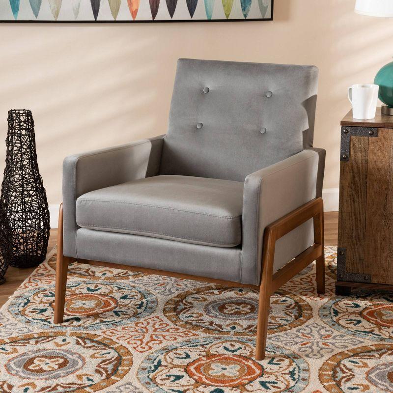 Perris Mid-Century Modern Velvet Fabric Upholstered Wood Lounge Chair Gray - Baxton Studio: Comfy Seating for Living Space