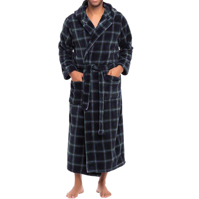 ADR Mens Robe, Plush Fleece Hooded Bathrobe Men, Men's Bathrobes, Big and Tall Bath Robe for Men Blue and Green Tartan Plaid 2XL