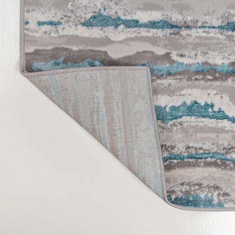 Gray and Turquoise Striped Synthetic Runner Rug