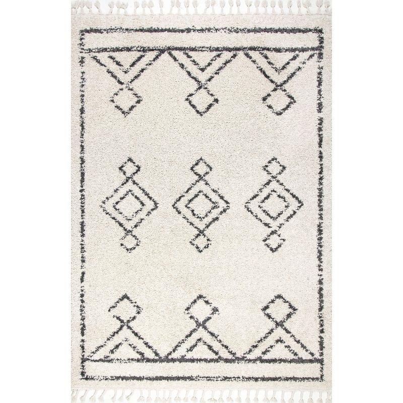 Off-White Geometric Braided Shag Square Rug, Easy Care 5'