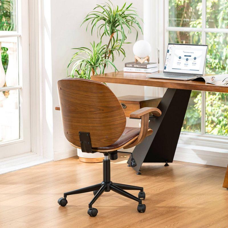 Russet Leatherette Mid-Century Swivel Office Chair with Bamboo Armrest