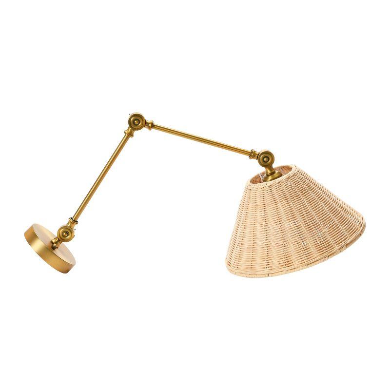 Antique Brass Finish Adjustable Wall Sconce with Woven Rattan Shade