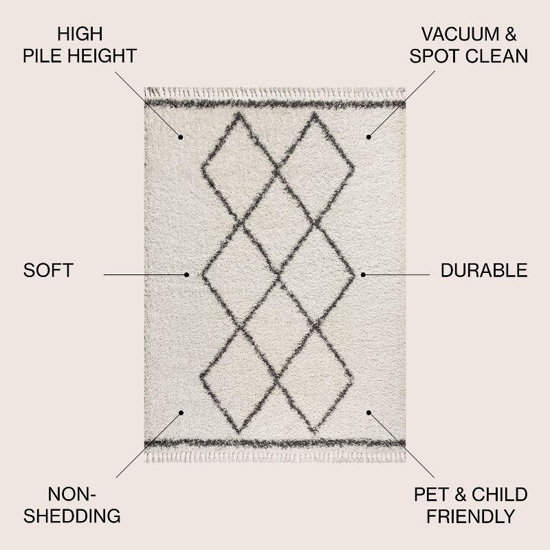 5'x8' Mercer Shag Plush Tassel Moroccan Geometric Trellis Area Rug, Cream/Grey - JONATHAN Y