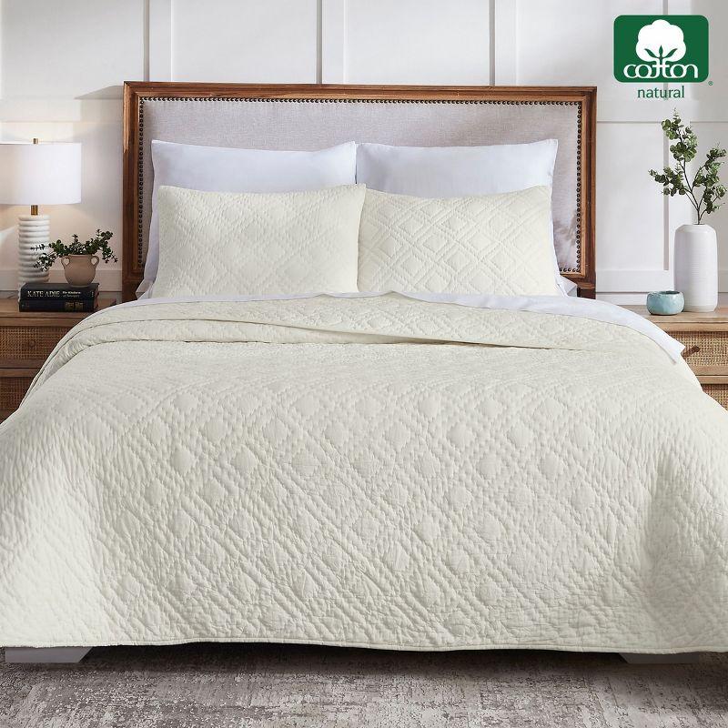 Luxury 100% Cotton Quilt Set, Hand-Quilted, Pre-Softened, Diamond Pattern by California Design Den - Creamy Ivory, King