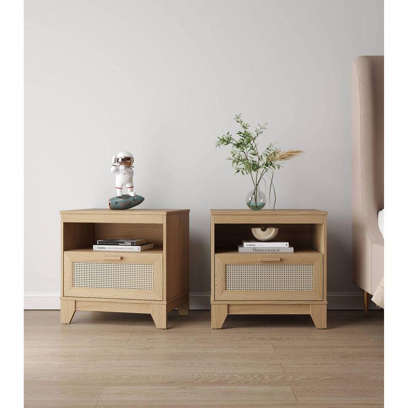 Sheridan Natural Cane and Wood Nightstand Set with Drawer