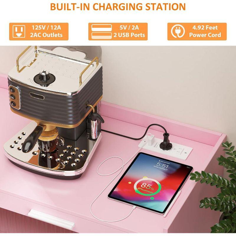 Garvee Sideboard Buffet Cabinet with Power Outlet & LED Light - Kitchen Storage Cabinet with 2 Fluted Acrylic Drawers & 4 Rattan Doors, Pink