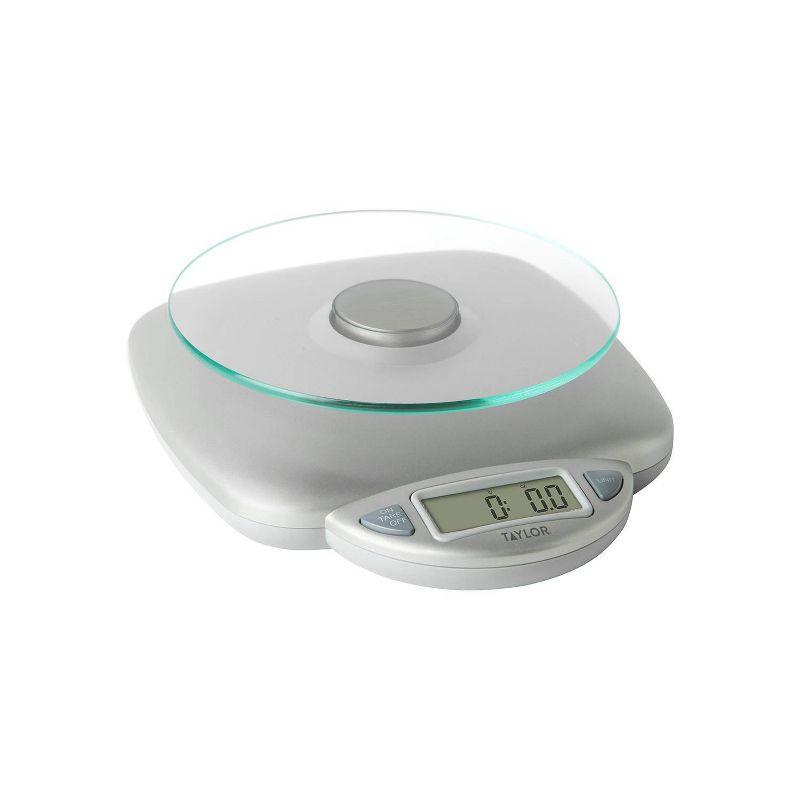 Taylor 11lb Glass Platform Digital Food Scale: Kitchen Scale with LCD Display, Silver, Battery Included