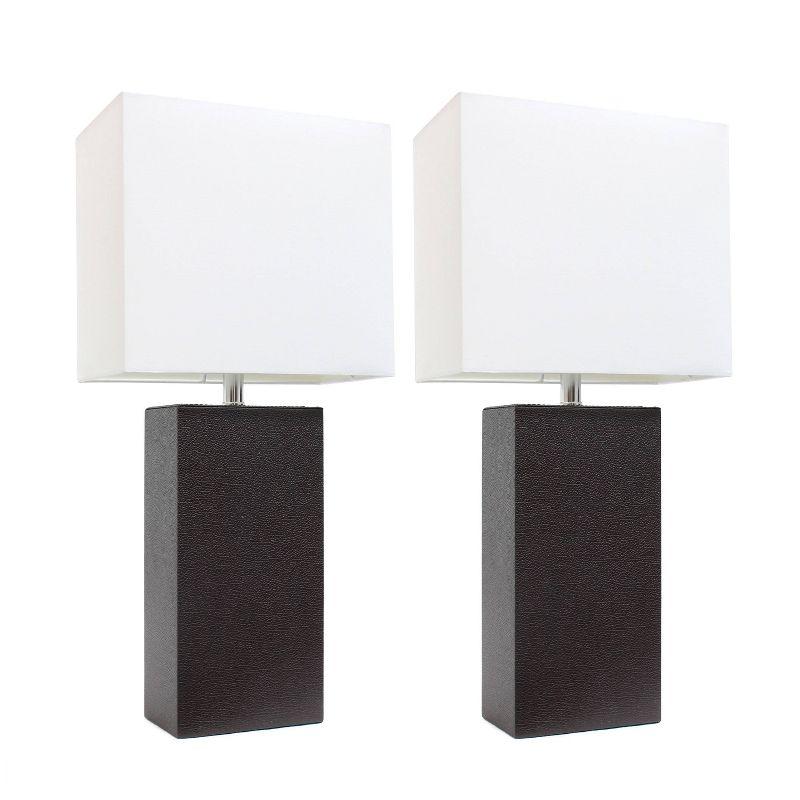 Set of 2 Espresso Brown Leather Table Lamps with White Fabric Shades