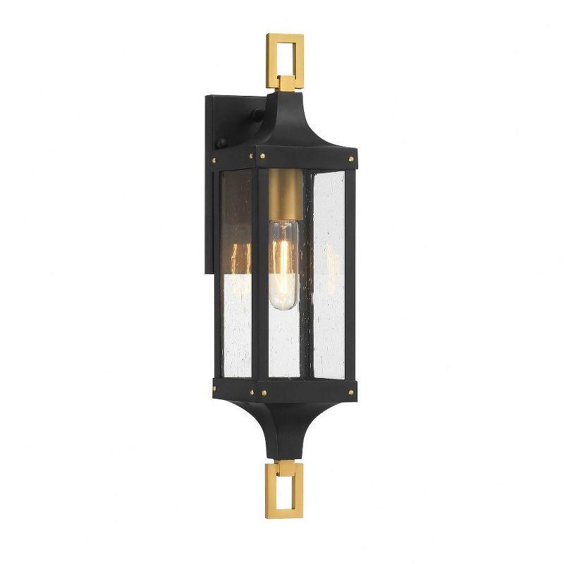 Matte Black and Brass Outdoor Wall Lantern with Clear Seeded Glass