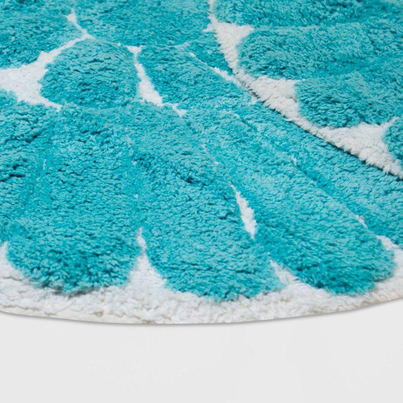 Aqua Bloom Circular Cotton Bath Rug Set, White and Aqua