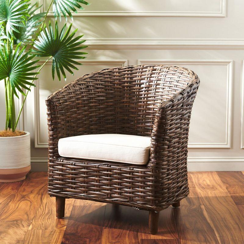 Transitional Rattan and Mango Wood Barrel Chair with Cushion - Brown