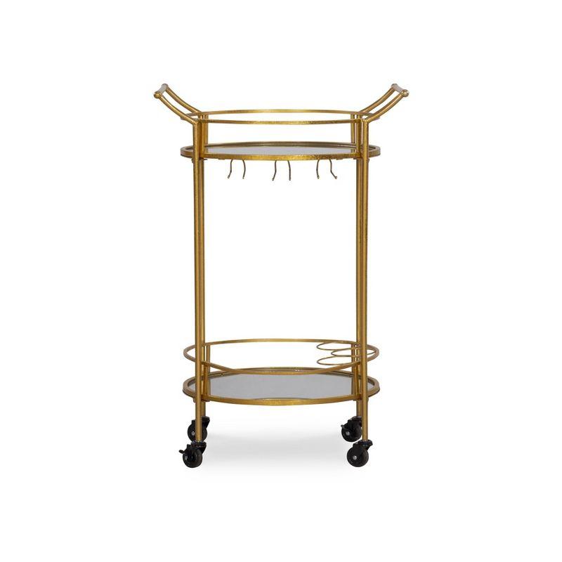 Transitional Round Gold Metal Bar Cart with Mirrored Shelves and Wine Storage