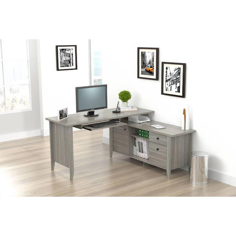 Espresso Oak L-Shaped Corner Desk with Keyboard Tray and Filing Cabinet