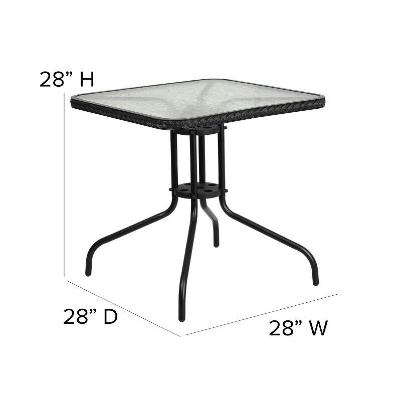 Emma and Oliver 28" Square Tempered Glass Metal Table with Rattan Edging