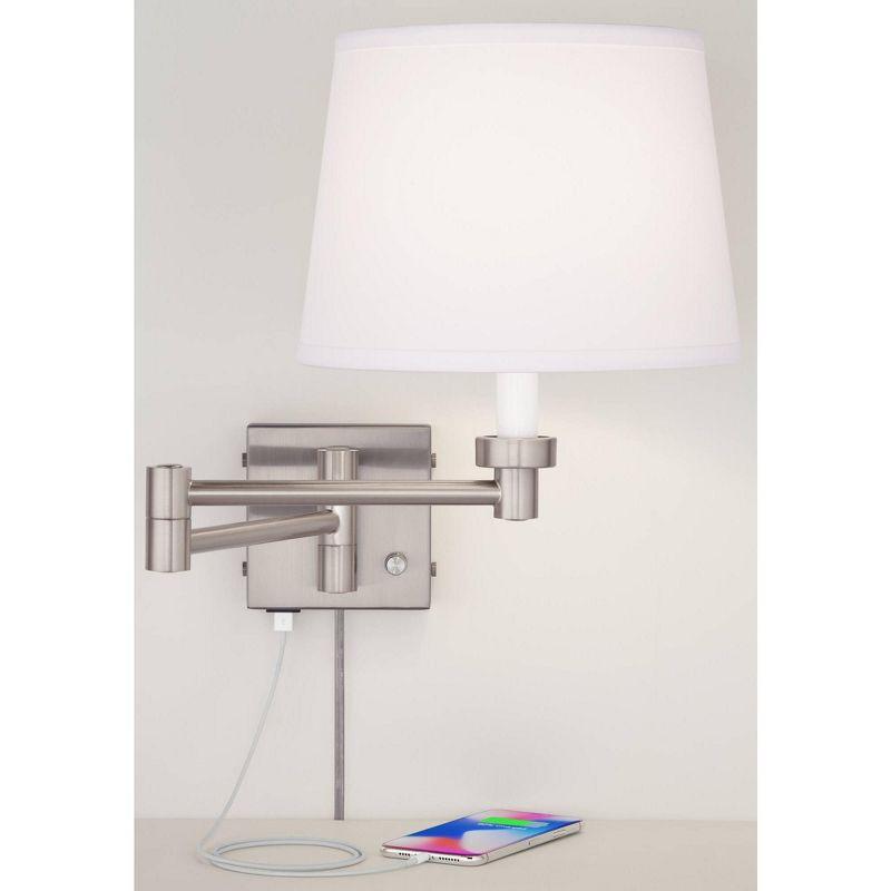 Brushed Nickel Swing Arm Wall Lamp with USB and White Shade