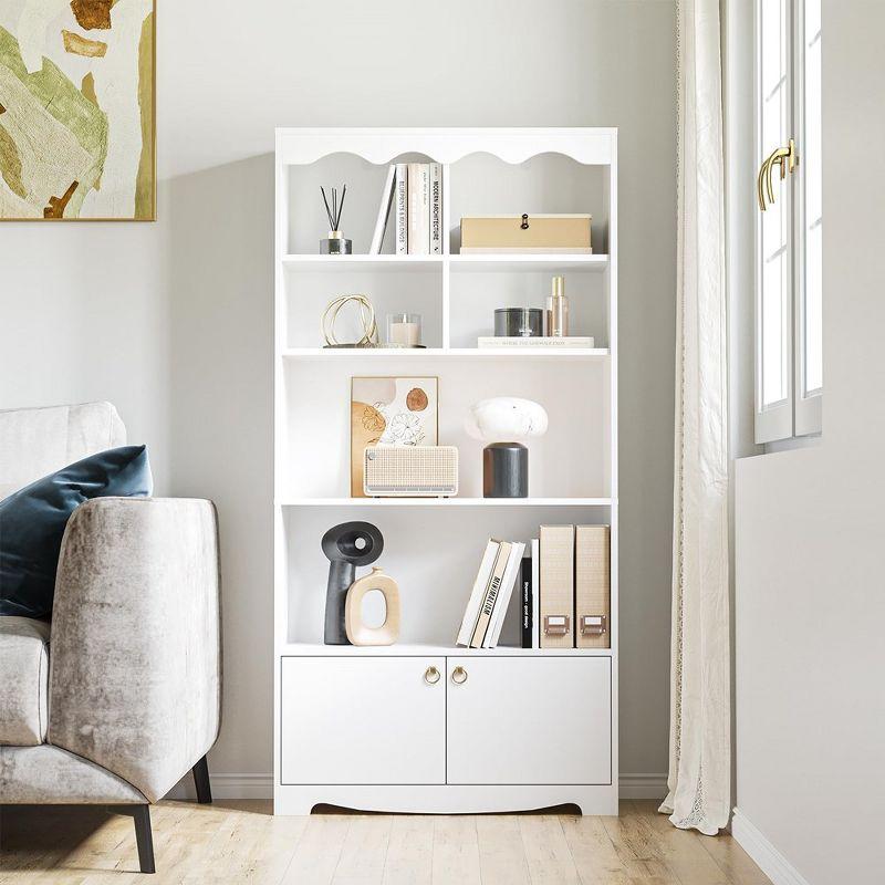 5-Tier White Bookcase, 63 Inch Tall Bookshelf with Open Storage Shelves & Doors, Modern Wooden Floor Standing Display Storage Shelves