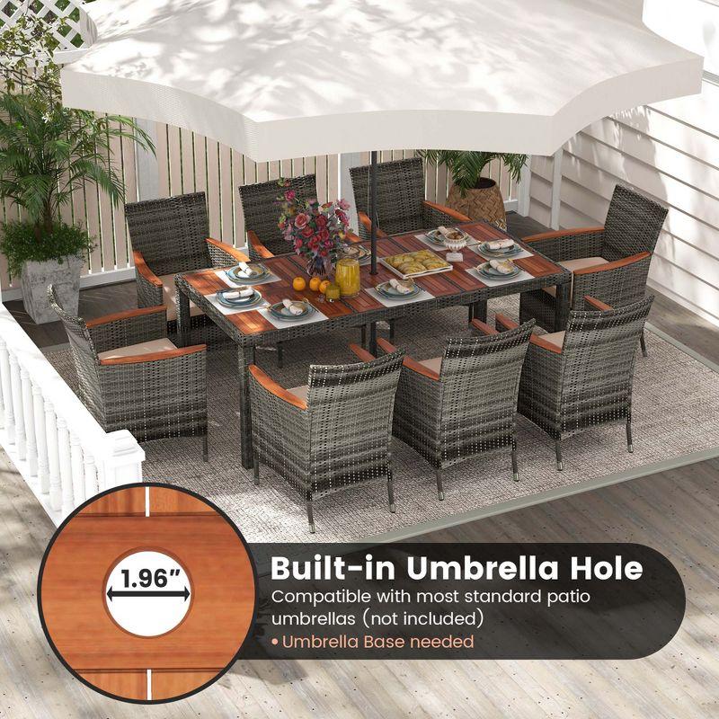 Costway 9PCS Patio Rattan Dining Set Mix Gray Acacia Wood Table Cushioned Chair