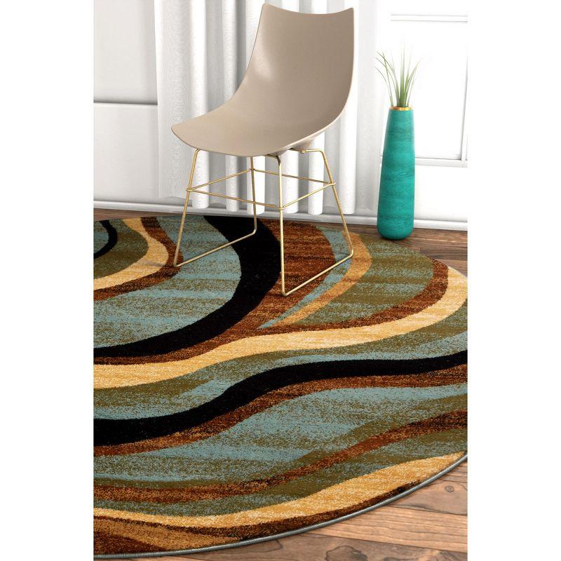 Well Woven Hudson Waves Geometric Modern Casual Abstract Contemporary Natural Lines Soft 5'3" Round Multi Blue Area Rug