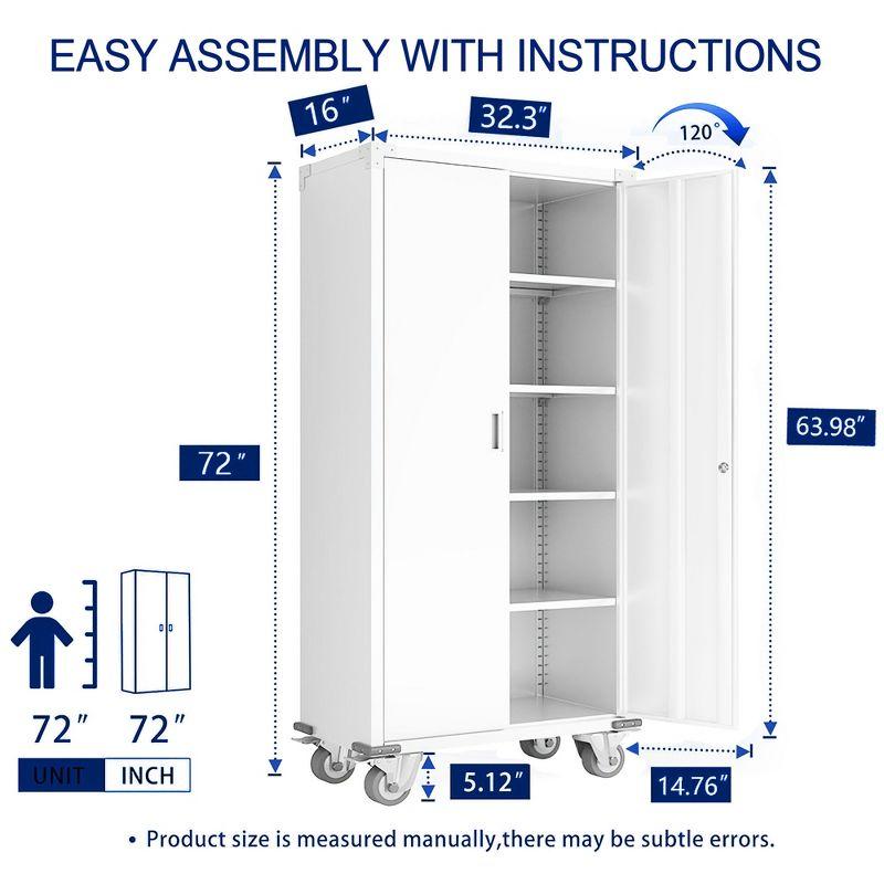 AOBABO 72 Inch Locking Metal Garage Home Office Storage Cabinet with Universal Rubber Wheels/Lockable Casters and Magnetic Doors, White