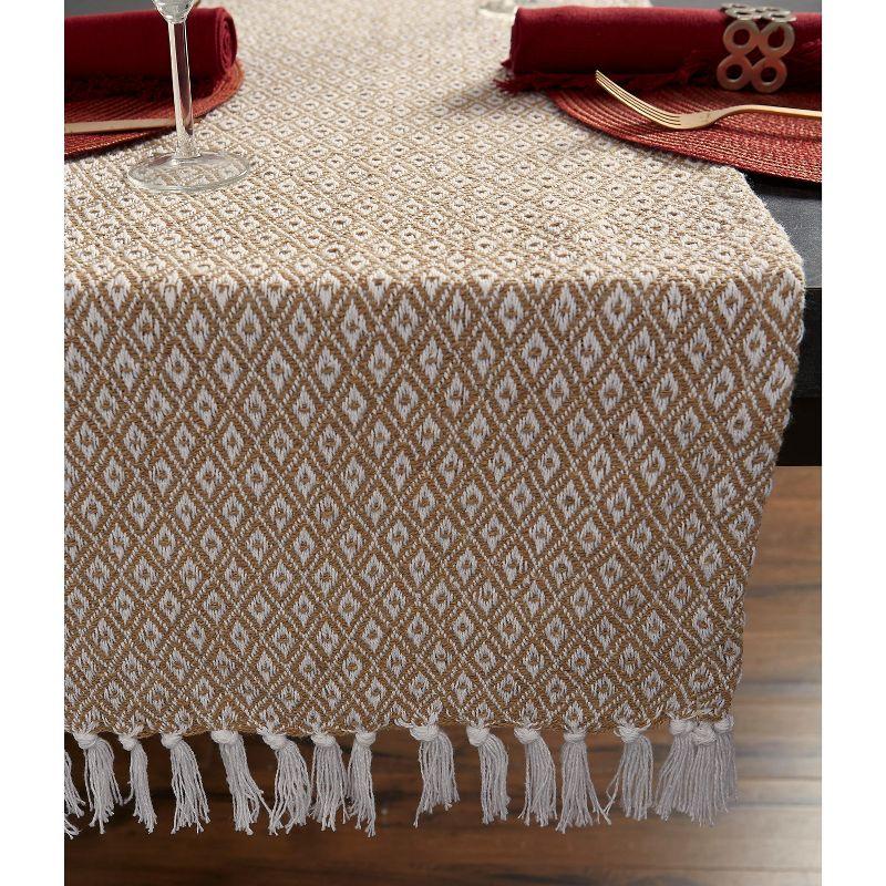Design Imports  Mini Diamond Jacquard Fringe Table Runner, Stone, 15X72"