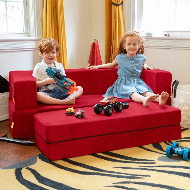 Jaxx Zipline Kids Sofa & Large Ottoman, 3 in 1 Fold Out Sofa, Big Kids Edition, Cherry