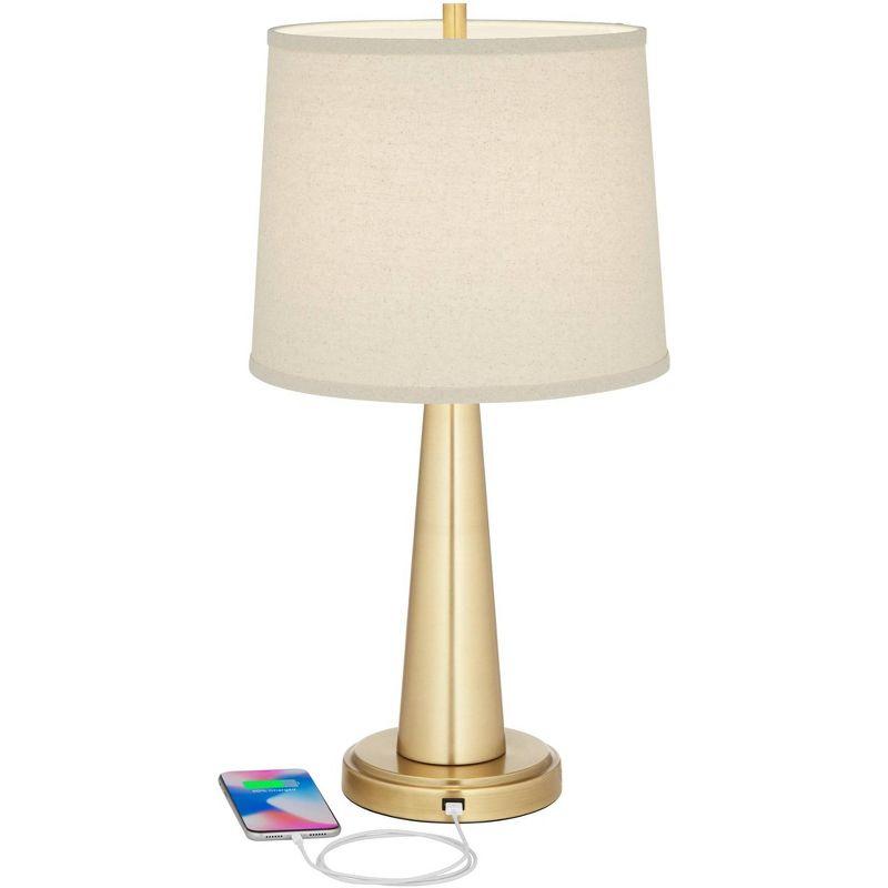 360 Lighting Modern Table Lamps 25" High Set of 2 with USB Charging Port Brass Metal Beige Drum Shade for Bedroom Living Room House Desk Bedside Home