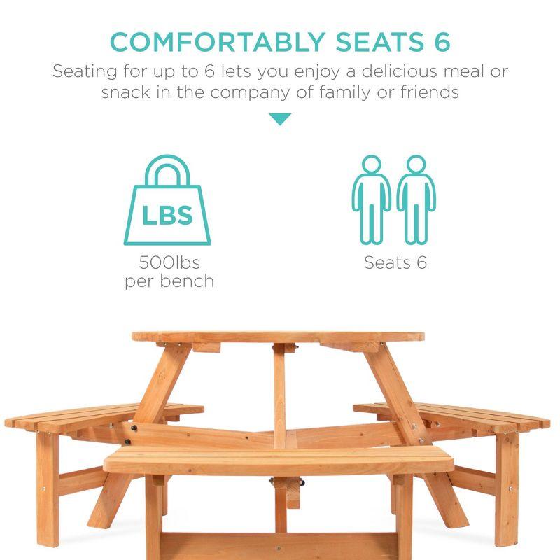 Best Choice Products 6-Person Circular Outdoor Wooden Picnic Table w/ 3 Built-In Benches, 500lb Capacity - Natural