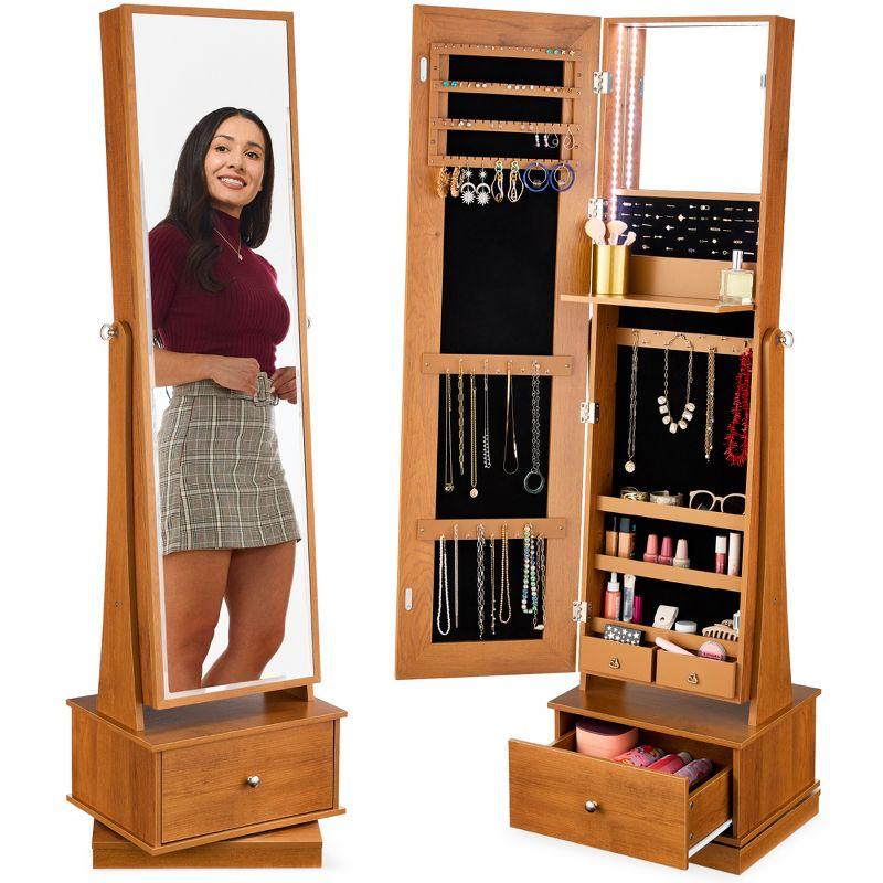 Best Choice Products 360 Swivel Standing Mirrored Jewelry Cabinet, LED-Lit Makeup Organizer w/ Mirror - Rustic Brown