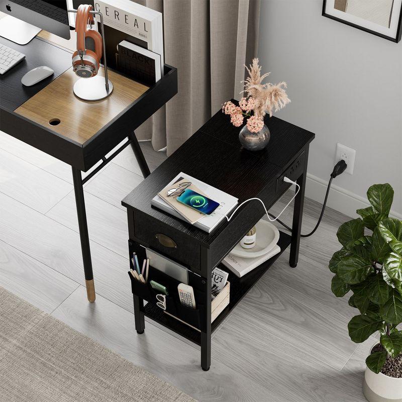 Black End Table with Charging Station- Flip Top Narrow Side Tables With Storage Drawers for Living Room Bedroom Office Small Spaces