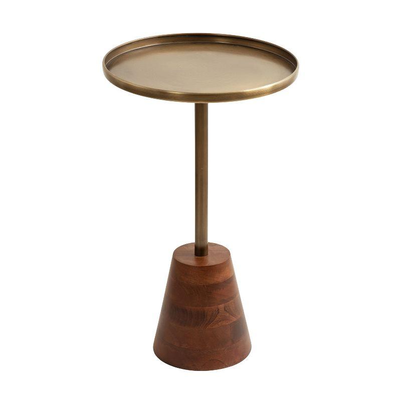 Walnut Brown and Brass Round Side Table with Wood Base