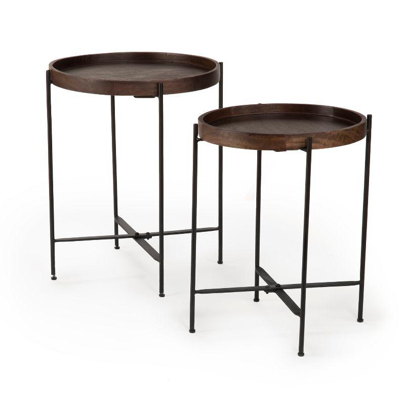 Set of 2 Round Black and Brown Mango Wood Accent Tables