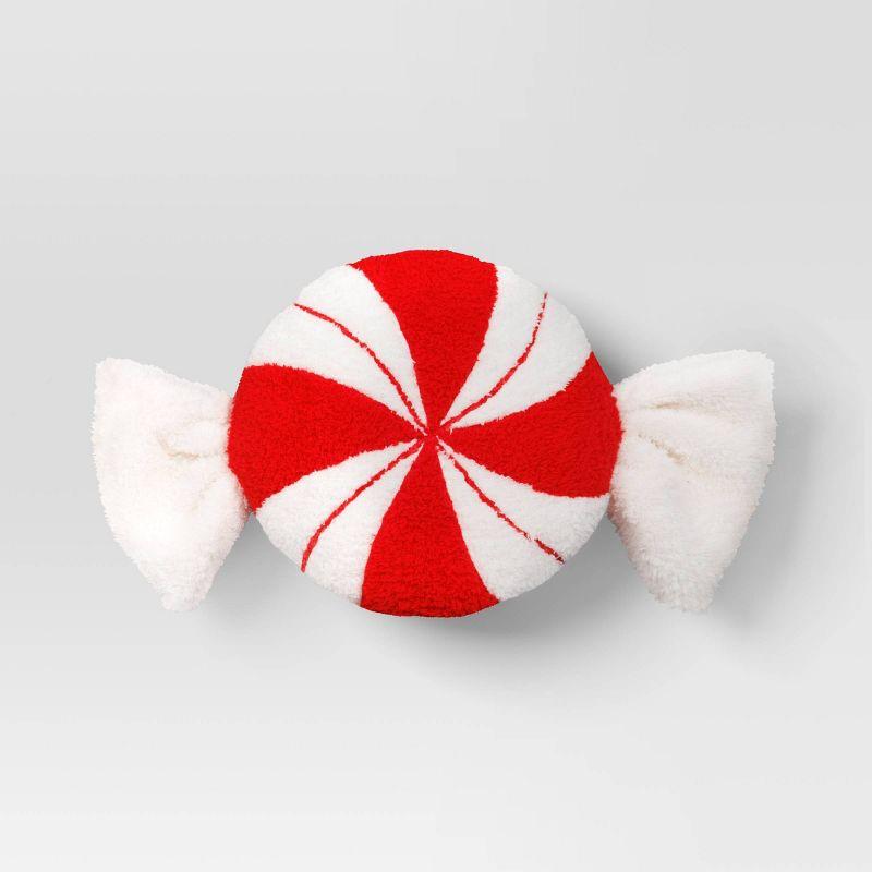 Red and White Peppermint Shaped Faux-Shearling Throw Pillow