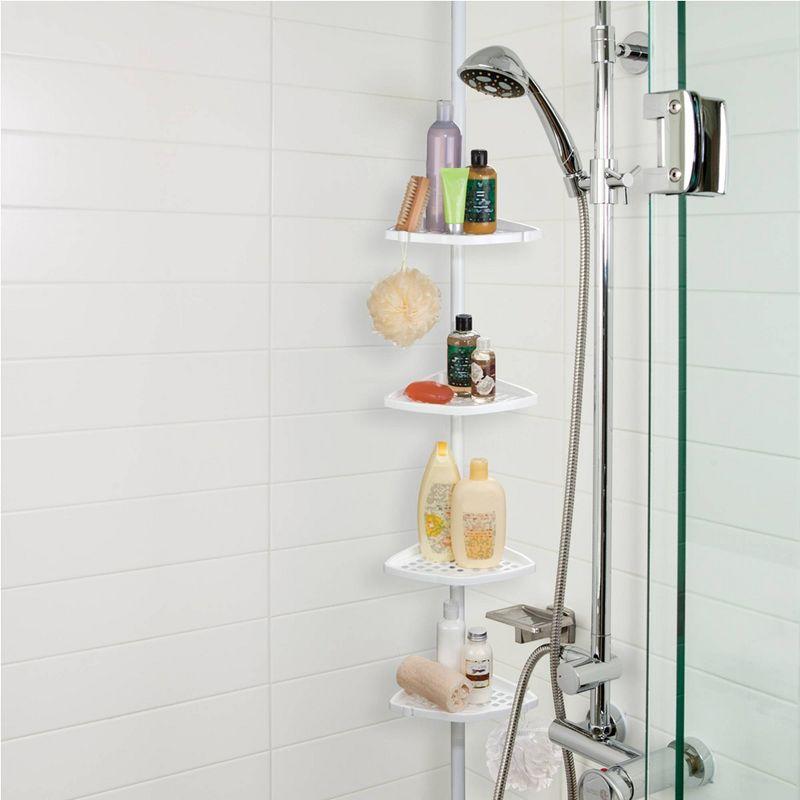 White Metal Tension Mount Shower Corner Shelf