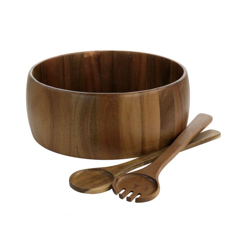 Elite 3 Piece Acacia Wood Salad Bowl And Spoon Set In Brown