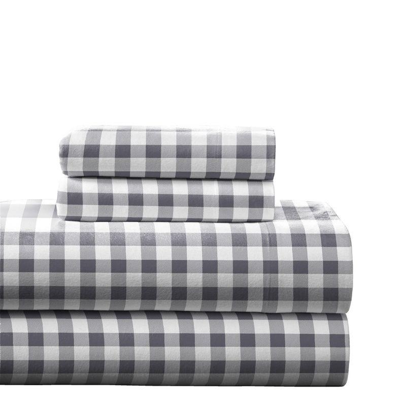 Pointehaven 180 GSM 100% Cotton Grey Checkerboard Printed Flannel Deep Pocket 4 pc Sheet Set, Full