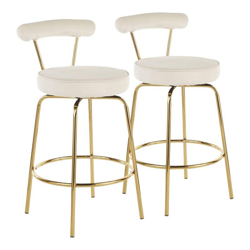 Set of 2 Rhonda Glam Counter Height Barstools Cream Velvet - LumiSource: Gold Finish, Metal Frame, Swivel Function