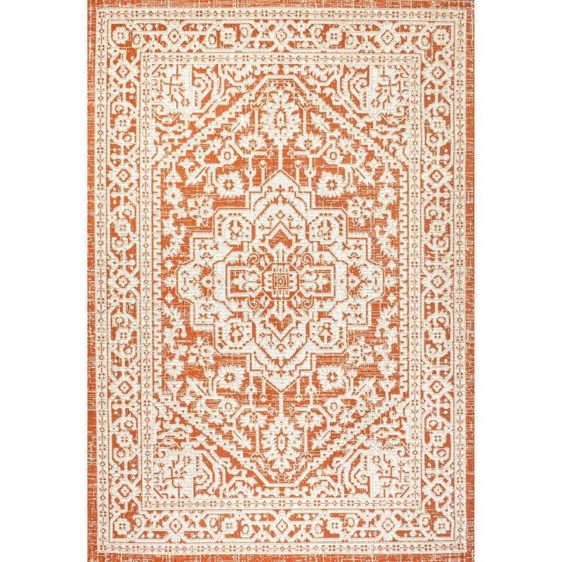 9' x 12' Sinjuri Medallion Textured Weave Indoor/Outdoor Area Rug, Orange/Cream - JONATHAN Y