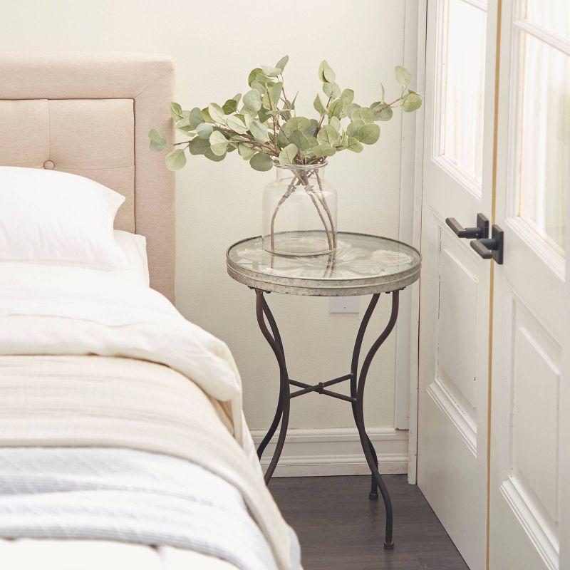 Round Weathered Metal and Glass Floral Accent Table