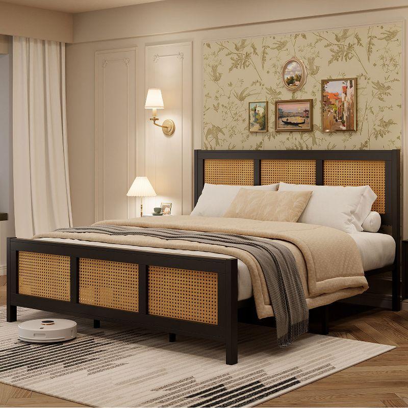 Garvee Rattan Bed Frame with Headboard, Full Bed Frame with Strong Metal Slats Support, Noise-Free Design, No Box Spring Needed, Black